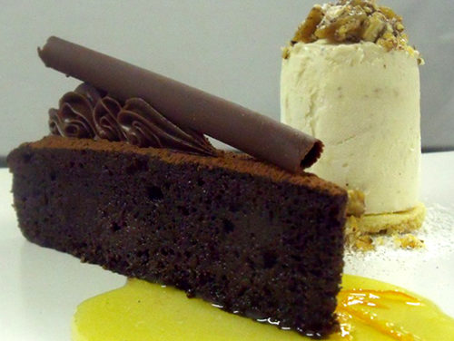 Dark Chocolate Torte with Melktert Ice Cream and Orange Syrup