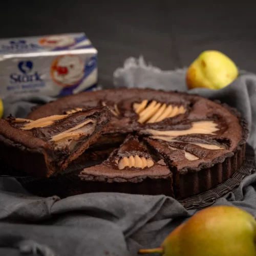 Baked Chocolate and Pear Tart with Caramel Liqueur Sauce