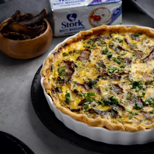 Biltong, Goat’s Cheese & Caramelised Onion Quiche